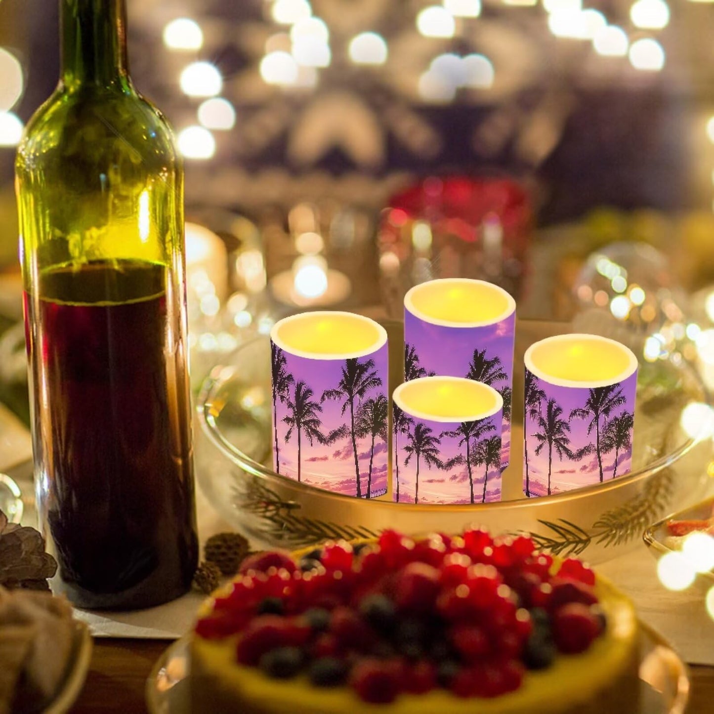 Merkmak Coconut Tree Battery Operated Candles with Timer 4 Pack Flameless Candles with Remote Outdoor Porch LED Lamp for Beach Wedding Coastal Home Decorations