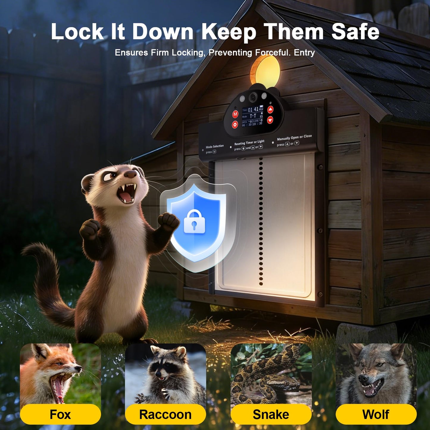 Solar Powered Automatic Chicken Coop Door with 2K Camera, 10m Night Vision Alarm, IP65 Wireless Auto Opener, 6-Month Battery Life, APP Control & 2-Way Audio, Anti-Pinch Safety Design