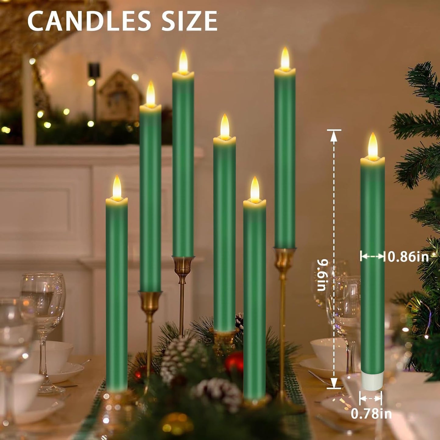 Upgraded Real Wax LED Flameless Green Taper Candles with Remote, KSWING 6 PCS Candlesticks Battery Operated 3D Flickering - 9.6" Long Realistic Fake Candle Sticks for Home/Wedding/Fireplace Xmas Decor