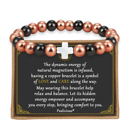 PEALICIOUS Copper Bracelet for Women and Men, 8MM Cross Copper Magnetic Bracelets with 3500 Gauss Magnetic Bead as Christian Jewelry for Mom, Cooper Hematite Jewelry as Mother Day Gift for Parents