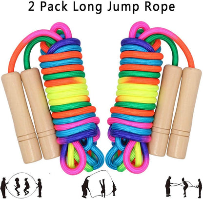 16 FT Long Jump Rope for Kids, 2 Pack Adjustable Double Dutch Skipping Rope with Wooden Handle, Multiplayer Rainbow Jumping Rope for Outdoor Fun, School Sport, Party Game
