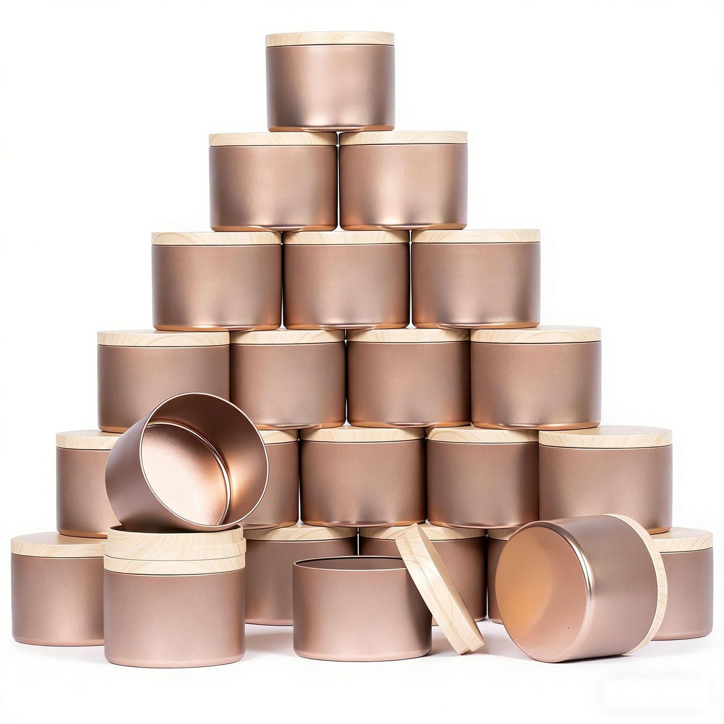 Hiztghc 24-Pack 8oz Cylinder Candle Tins with Wood-Grain Lids Multi-Purpose Containers for Storage,Aromatherapy Candle Making, Small Plants, Holiday Gifts & Arts & Crafts (Rose Gold)