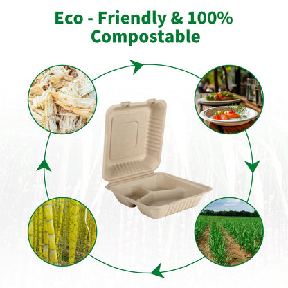 Aricsen 100 Pack 3 Compartment Compostable 8x9 Inch Takeout Lunch Box Containers with Lid To Go Take Out Clamshell for Food, Disposable Eco-Friendly Biodegradable Bagasse, PFAS-Free, Brown