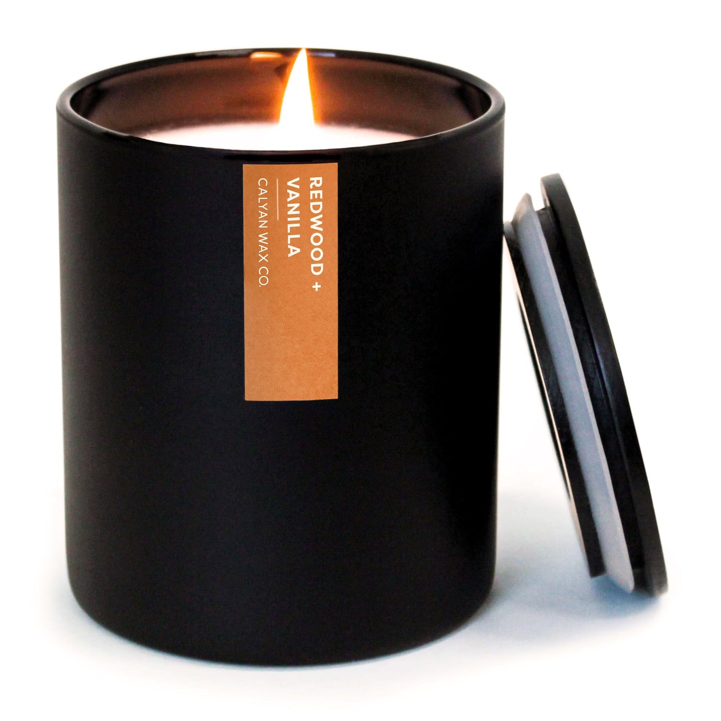 Calyan Wax Co. Redwood & Vanilla Scented Candle - 75 Hour Burn - Luxury Clean Soy Wax Candles - Long Lasting Black Tumbler Jar Candle for Home - 10.2oz