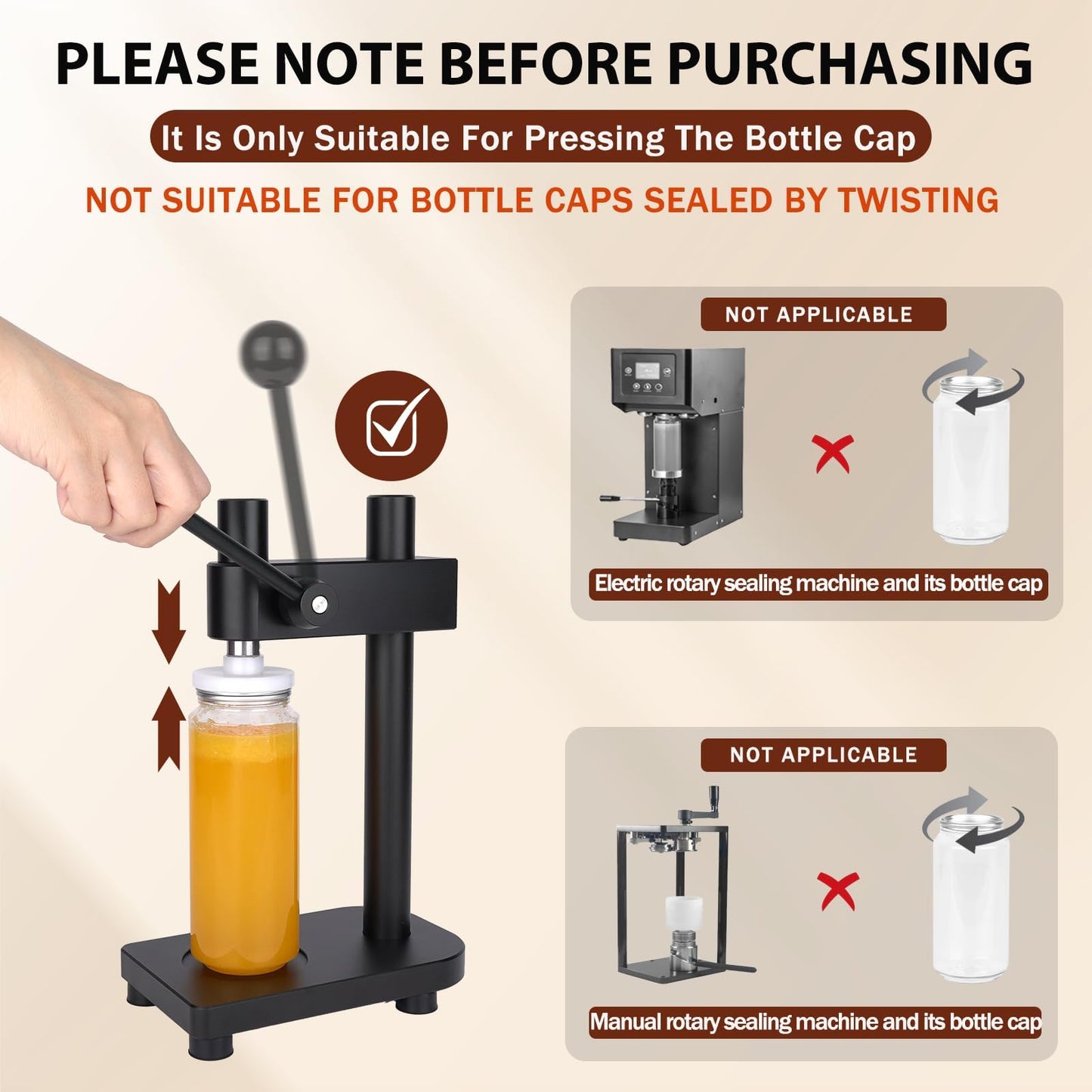 Manual Bottle Can Sealer for 55mm Caps - Adjustable Home Brewing Tool Made of Aerospace Aluminum, Includes Silicone Funnel (Black)-Only suitable for press-type sealing bottle caps