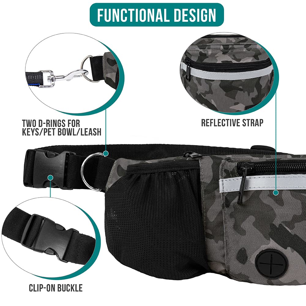 PetAmi Dog Fanny Pack, Treat Pouch for Dog Walking, Training, Built in Poop Bag Dispenser, Water Bottle Holder, Collapsible Bowl, Pet Treat Waist Belt for Hiking, Running, Kibbles (Camo Black)