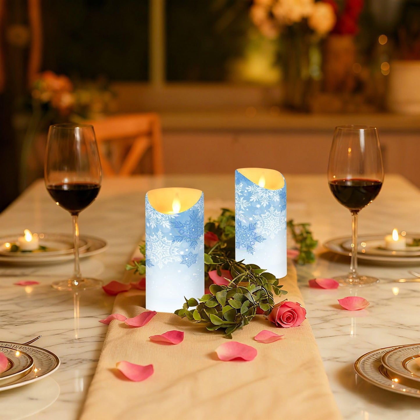 Christmas Flameless Candles Set of 2 Blue Snowflakes Realistic LED Candles with Remote Battery Operated Holiday Decorations