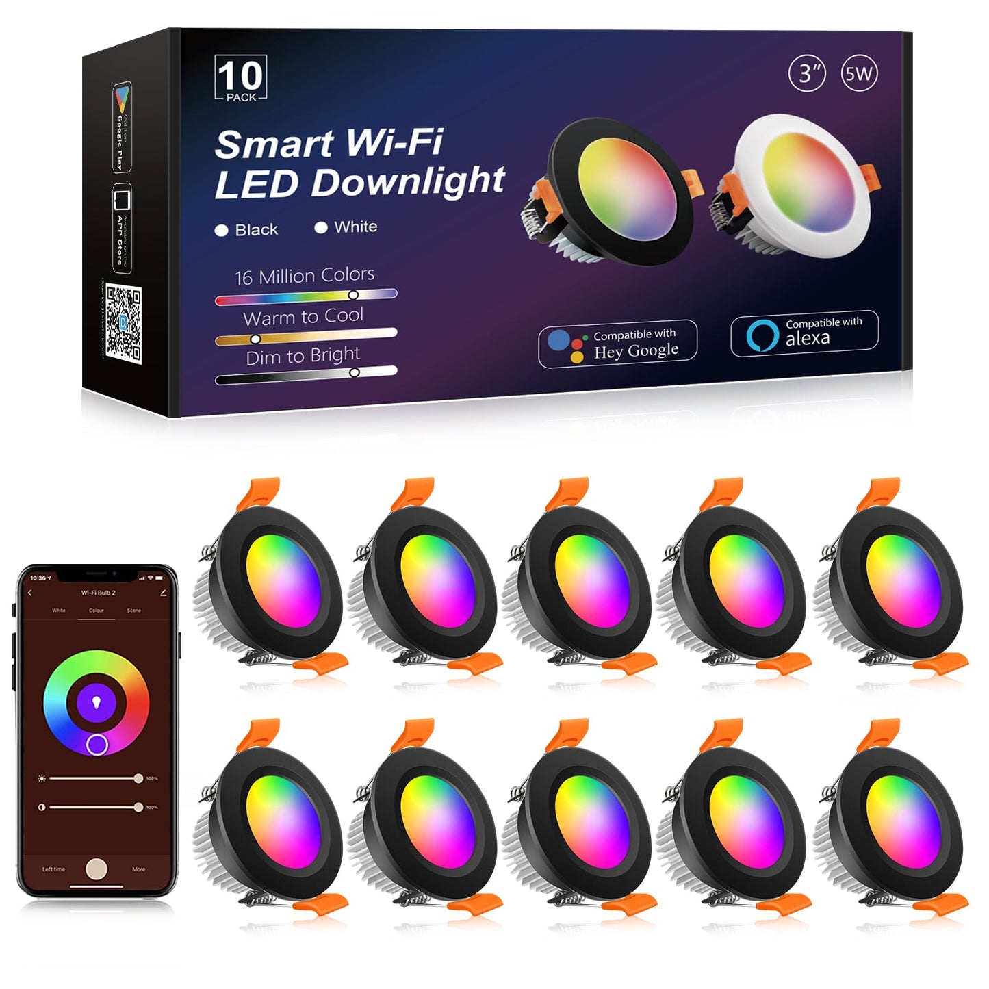 YGS-Tech Smart 3 Inch LED Recessed Lighting RGB WiFi Downlight, 5W Compatible with Alexa and Google Home, Dimmable RGB & CCT 2700-6500K Color Changing, 120V Ceiling Light with LED Driver (4 Pack)