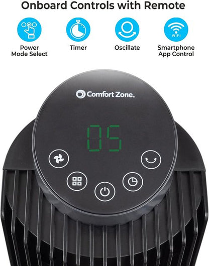 Comfort Zone Smart Wi-Fi Oscillating Tower Fan - Bladeless, 5 Speeds, Adjustable 36-42" Height, Remote & App Control