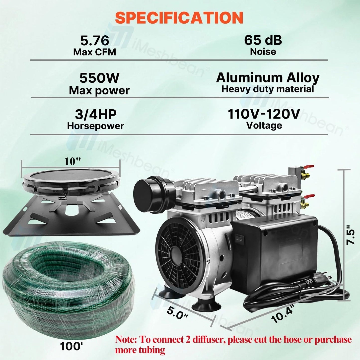 iMeshbean Pond Aerators 5.76CFM Pond & Lake Aeration System for Up to 3 Acres 50' Lake, 3/4 HP Air Compressor with a 100' Weighted Tubing & 2 Diffusers for Deep Water Oxygen Circulation