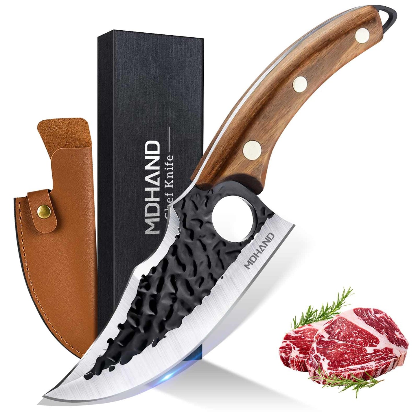 MDHAND Chef Knife - Hand Forged Kitchen Knife, High Carbon Steel Butcher Knife for Meat Cutting, Japanese Chef Knives for Camping, Outdoor, BBQ, Gifts for Men