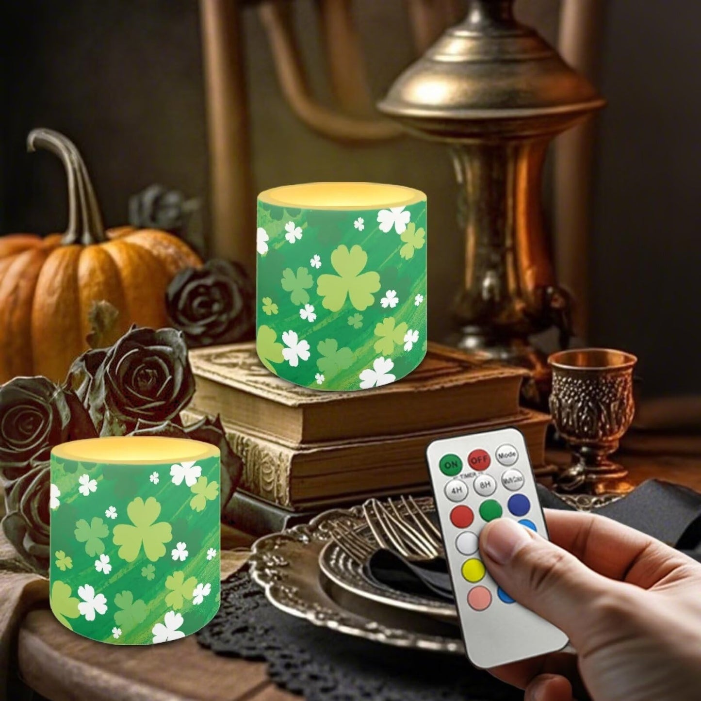 Merkmak Set of 4 Painting Shamrocks Flameless Candles Battery Operated LED Candles with Timer, St Patricks Day Real Wax Tea Lights for Patio Porch Party Home Decorations