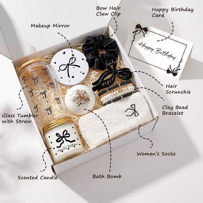 Elegant Birthday Gifts for Women, Black Bow Unique Birthday Relaxing Gifts Box with Scented Candles, Greeting Card & Home-Spa Relaxation, Birthdays Presents for Her, Best Friend, Sister, Wife