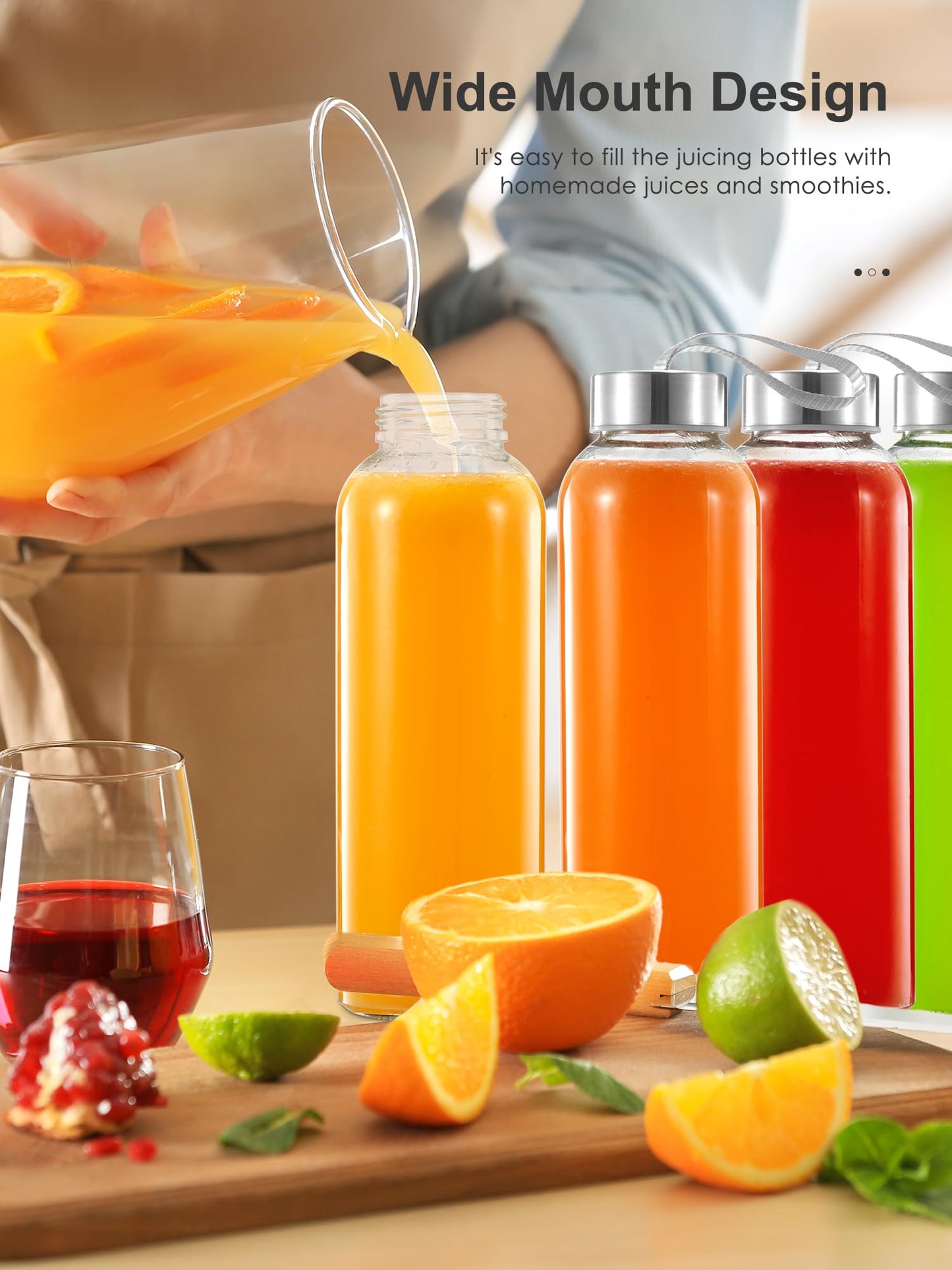 QCen 18oz Clear Glass Bottle for Juicing, Reusable Glass Water Bottles for Juicer Machine, with Stainless Steel Leak-Proof Lids, Wide Mouth Liquid Storage Containers, BPA Free, Set of 6