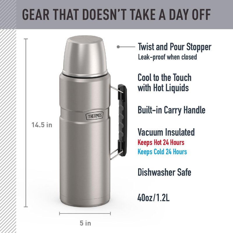 THERMOS Stainless King Vacuum-Insulated Beverage Bottle, 68 Ounce, Matte Steel