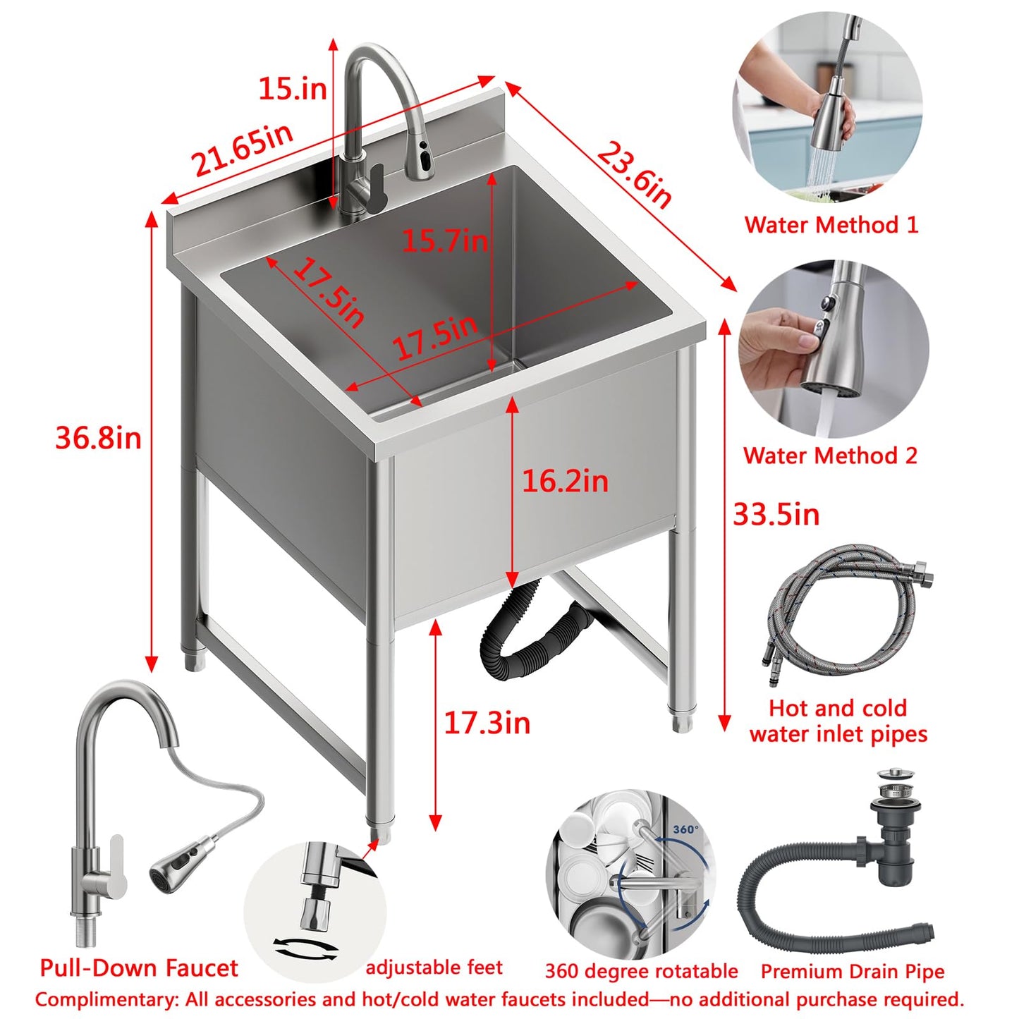 Stainless Steel Commercial Restaurant Sink, Freestanding Large Commercial Sink with Pull-out Faucet for Kitchen Dishwashing, Thawing, Pet Cleaning, Laundry Room, 23.6"D x 21.6"W x 36.8"H