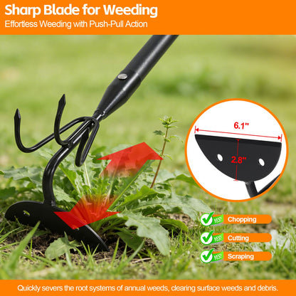EUIJOIP 52" Heavy Duty 2-in-1 Hoe & Tiller Rake Garden Tool, 3-Tine Cultivator for Weeding and Soil Loosening, Long Handle Stand Up Digging Tool for Gardening and Planting