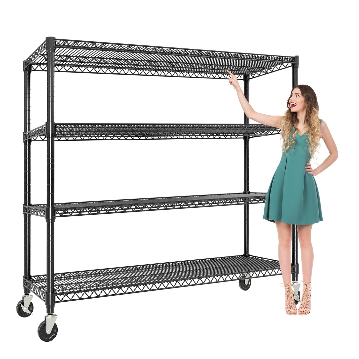 Metal Shelving Unit with Wheels, 72"H x 59"W x 17.7"D Garage Storage Shelves 4-Tier, Heavy Duty 2640LBS, Adjustable, Industrial Wire Rack Shelving Organizer, for Basement Home Office Kitchen, Black