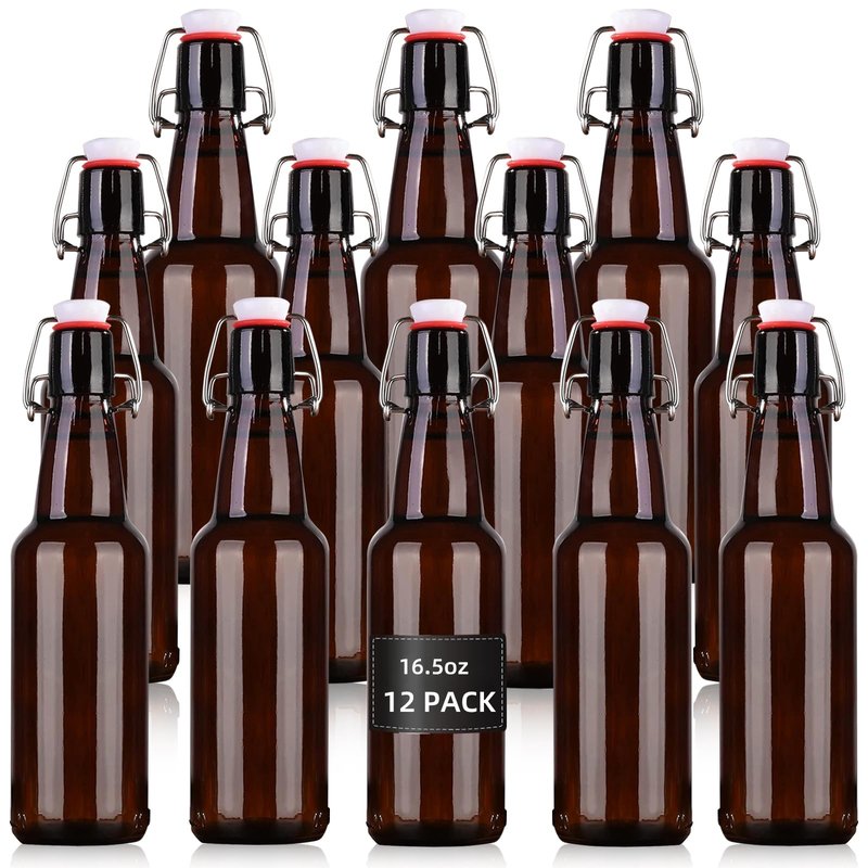 KITGLASCUP 16.5 oz 12 Pack Amber Swing Top Glass Bottles for Airtight Lids, Home Brewing and Fermentation Kombucha, Vanilla Extract, Beverage, Water, Kefir