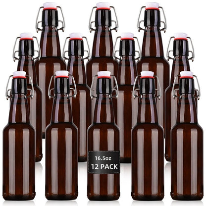 KITGLASCUP 16.5 oz 12 Pack Amber Swing Top Glass Bottles for Airtight Lids, Home Brewing and Fermentation Kombucha, Vanilla Extract, Beverage, Water, Kefir