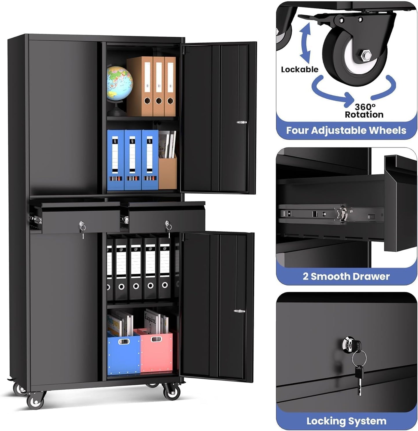 IDEALHOUSE 73'' Metal Storage Cabinet, Heavy Duty Garage Storage with Wheels, Locking Doors and 2 Drawers, Adjustable Shelves for Garage, Workshop, Office, Black