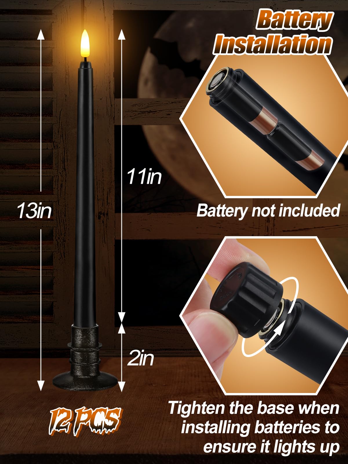 Alphatool Black Halloween Flameless Candles with Timer & Bases - 12 Pack 13 in LED Flickering Taper Candlesticks Battery Operated, Smokeless Dripless for Fireplace Table School Bar Halloween Decor