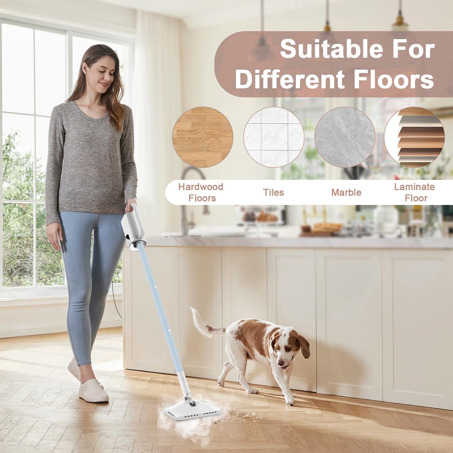 Steam Cleaner, 6 in1 Rotated Steam Mop Cleaner with 2 Modes, 2 Microfiber Pads, 400ML Removable Tank, 23FT Power Cable, Detachable Steam Mops for Floor, Laminate Floor, Tiles Cleaning (Ice Blue)
