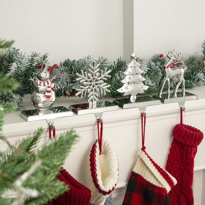 GUOER 4 Pack Snowflake Christmas Stocking Holder Set for Mantle Christmas Decorations Holiday Mantle Fireplace Topper - Snowflake Snowman Reindeer and Christmas Tree Hangers Decorative Metal Hanger