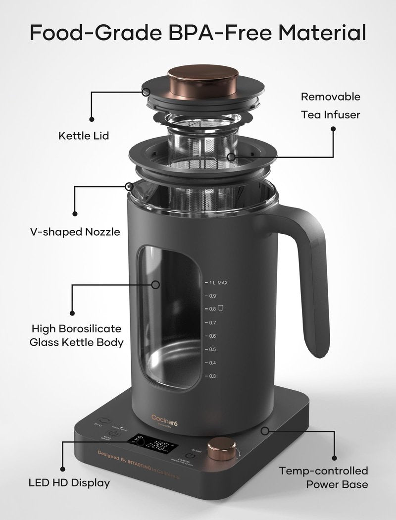 INTASTING Electric Tea Kettle, Electric Kettle with Tea Infuser, ±1℉ Knob Temperature Control, BPA-Free Glass, 1200W Fast Heating, Easy to Clean, 1 Liter (Dark Gray)