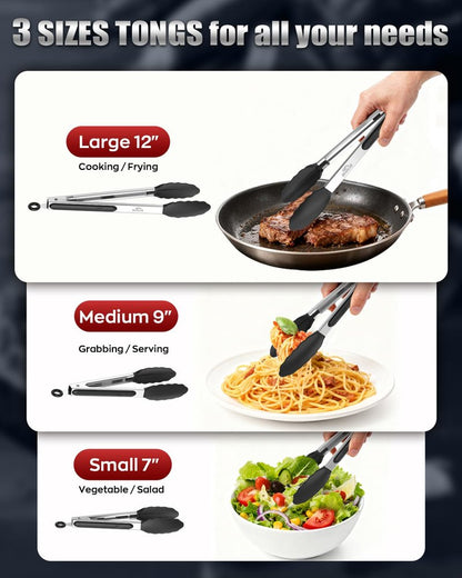 600ºF Heat Resistant Kitchen Tongs, Premium Locking Cooking Tongs with Silicone Tips, Non-Slip Food Tongs for Cooking, Non-Stick, Heavy Duty Stainless Steel Handle, Set of 3-7" 9" and 12" Black