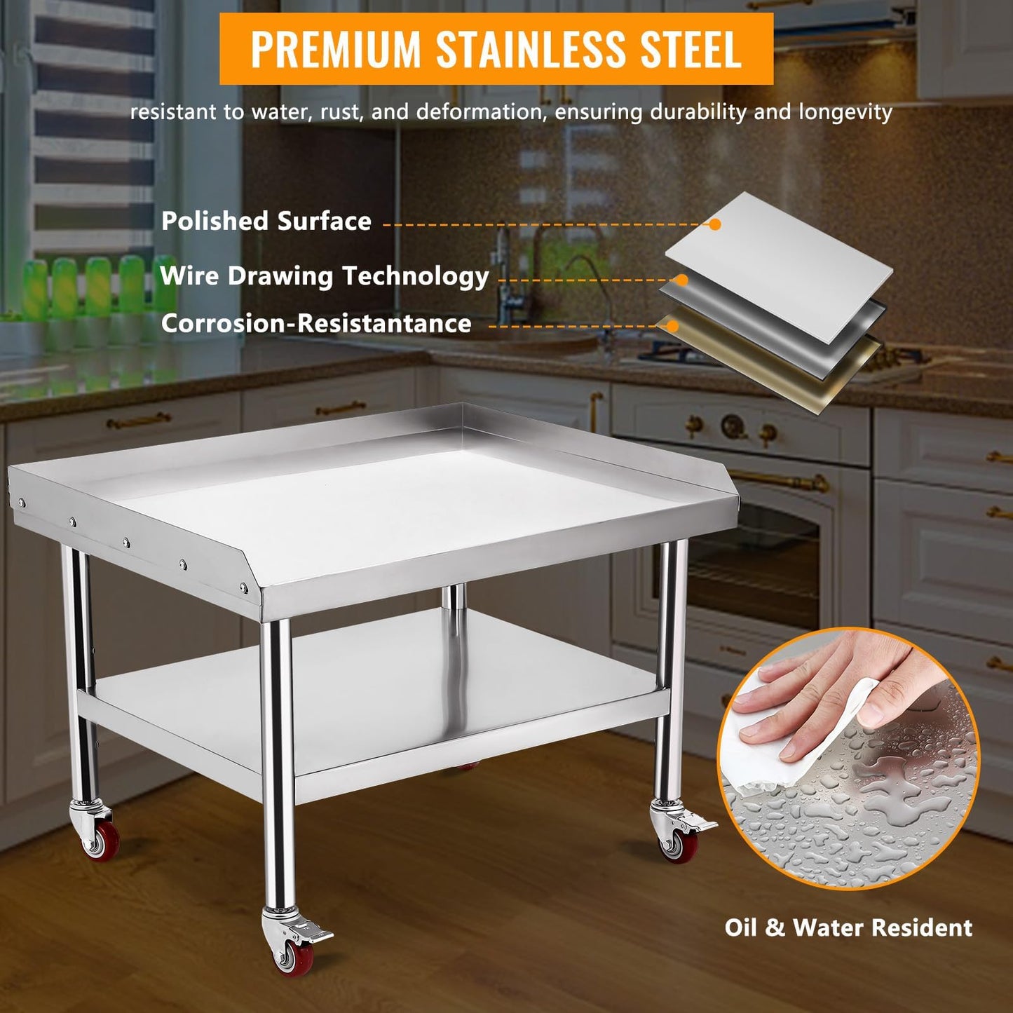 Garvee Stainless Steel Commercial Work Table with Wheels– 36x28 in, 1000 Lbs Capacity, Adjustable Shelf, Heavy Duty Grill Stand Prep Station for Professional Kitchen, Restaurant or Home