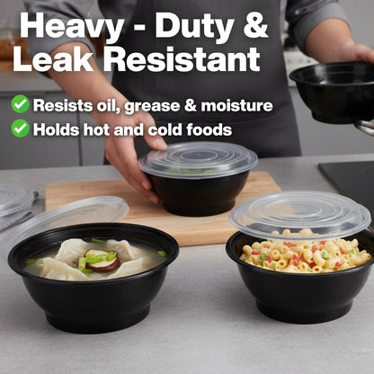ProTakeOut Disposable Noodle Bowls with Lids – 42 oz Microwaveable Ramen & Soup Containers, Leak-Resistant, BPA-Free, Stackable Food Storage for Restaurants & Takeout – 40 Sets, Black