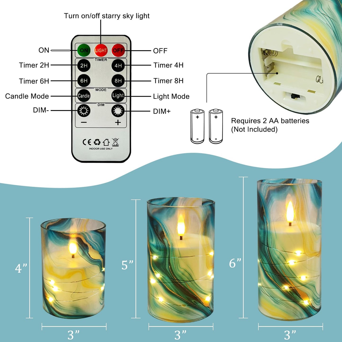 NjaoHoo Flickering Flameless Candles, Recessed String Light LED Candles 3D Wick Acrylic Battery Operated LED Pillar Candles with Remote and Timer for Modern Simple Home Decor Set of 3(Marble Printed)