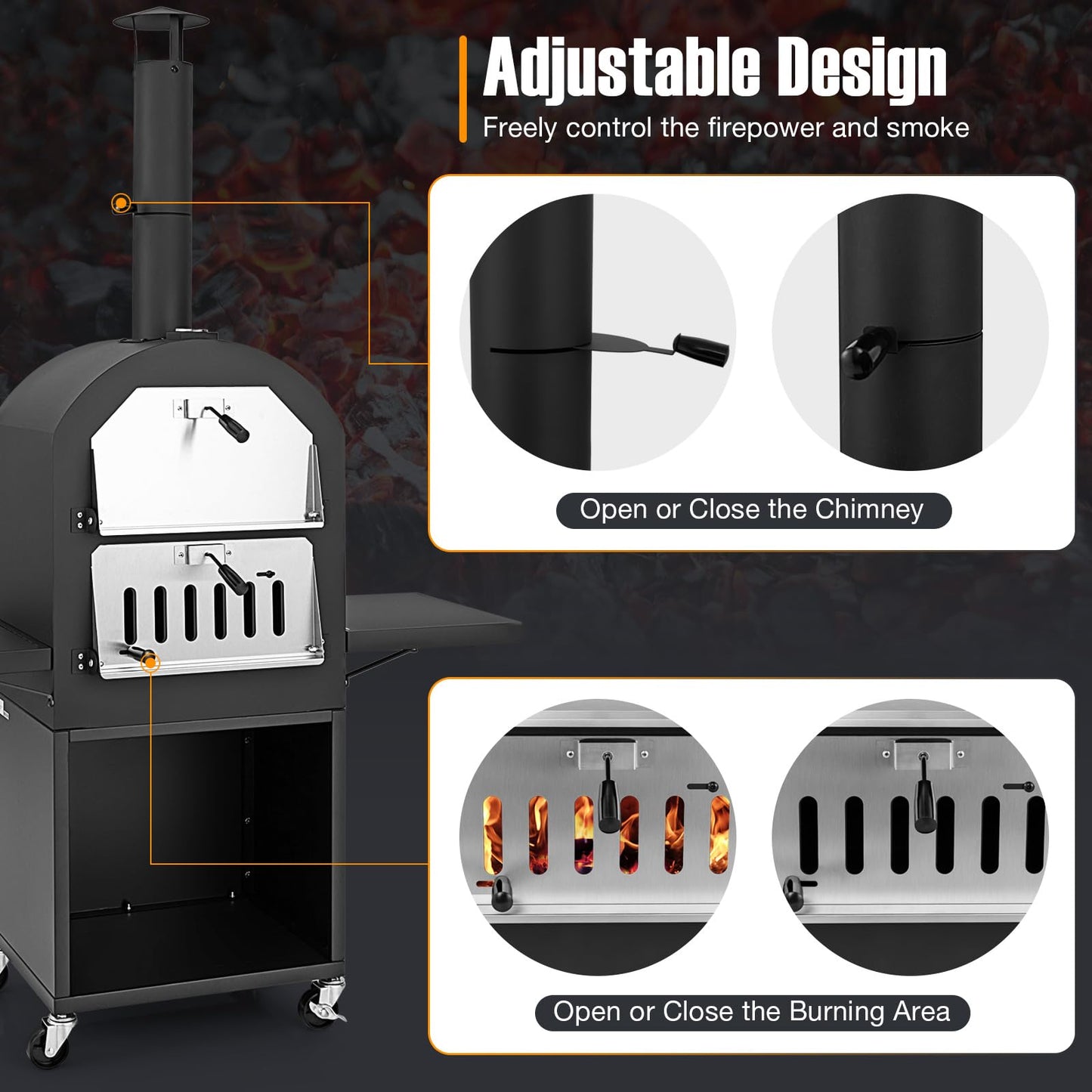 LDAILY Outdoor Pizza Oven, Wood Fired Pizza Maker with Side Shelves, Cooking Grids, Cover, Pizza Stone & Peel, Patio Portable Pizza Stove for Backyard, Camping & Party, Black