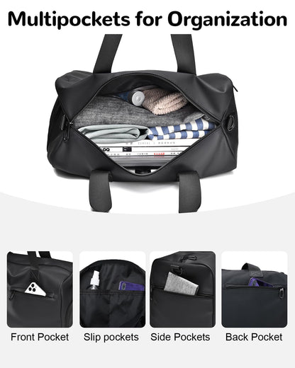 Outplea Small Gym Bag for Men Women, 18L Waterproof Travel Duffle Bag with Shoe Compartment & Wet Pocket, Carry on Personal Item Bags for Travel Airplane, Black