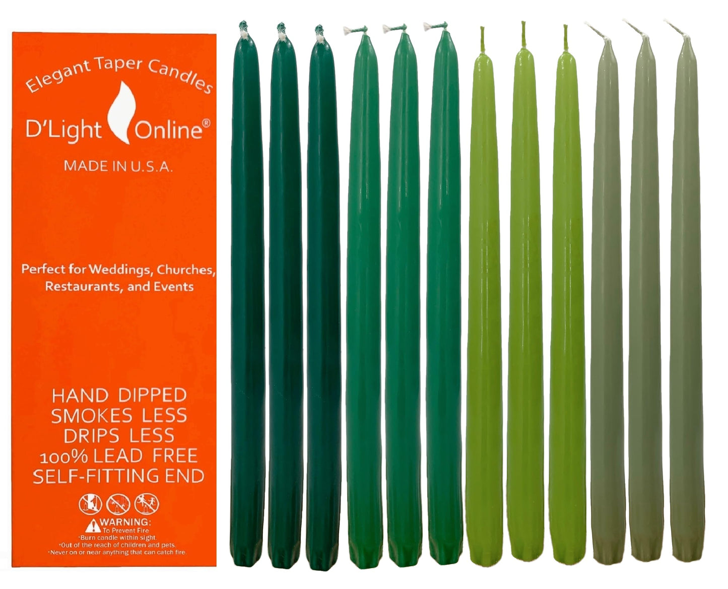D'light Online Elegant 12" Green Gradient Taper Candles Premium Quality- Unscented, Hand-Dipped Tapered Candles, Dripless and Smokeless - Set of 12 (12 Inch, Green Gradient)