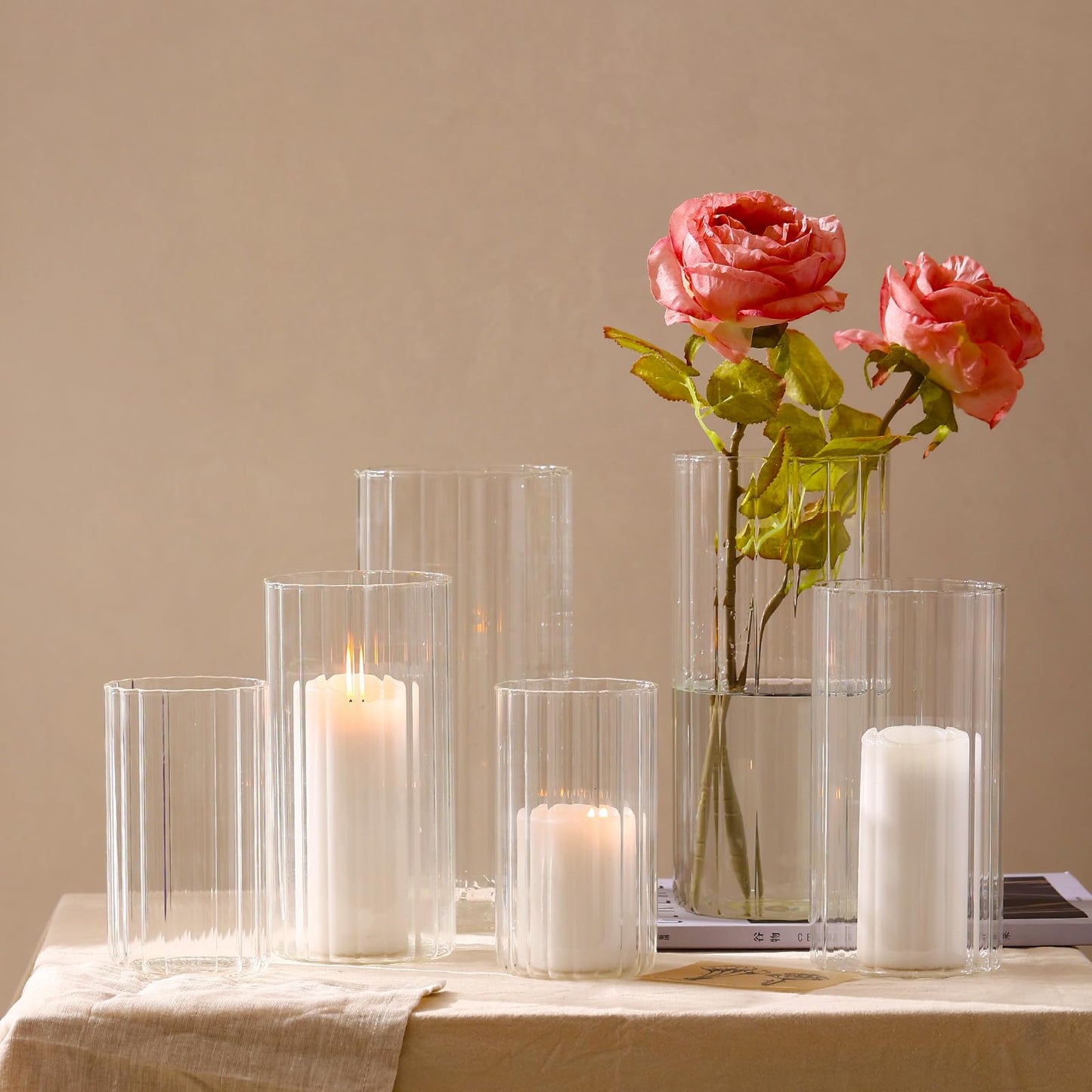 PHOSPHOR 6 PCS Ribbed Glass Candle Holder, Cylinder Candle Holders for Pillar Candles, Clear Glass Hurricane Candle Holders 6'', 8'', 10'' Glass Cylinder Centerpieces Vases