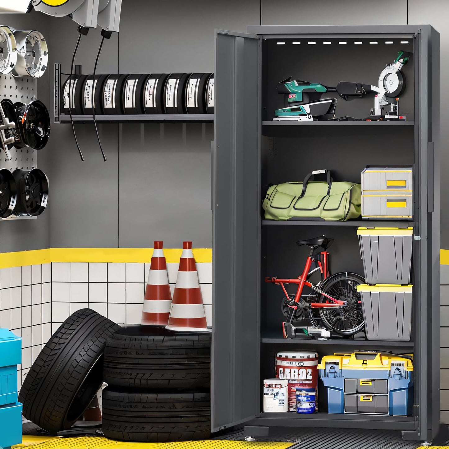Garage Cabinets Storage System, 12-Pcs Included Steel Cabinets Drawers Rolling Chest and Trash Can Cabinet, Locked Storage Cabinet, Perfect for Organizing Garage and Tools
