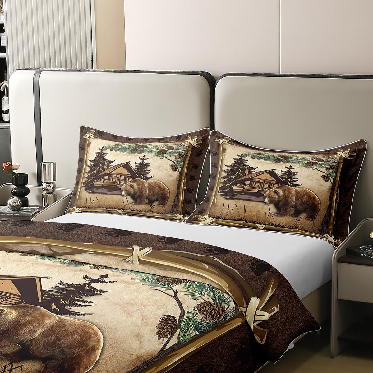 100% Cotton Jungle Wooden Cabin Duvet Cover,Outdoor Adventure Wild Bear Pine Tree Bedding Set for Room Decor,Retro Wood Frame Bear Wildlife Paw Print All Season Comforter Cover (No Comforter) Queen