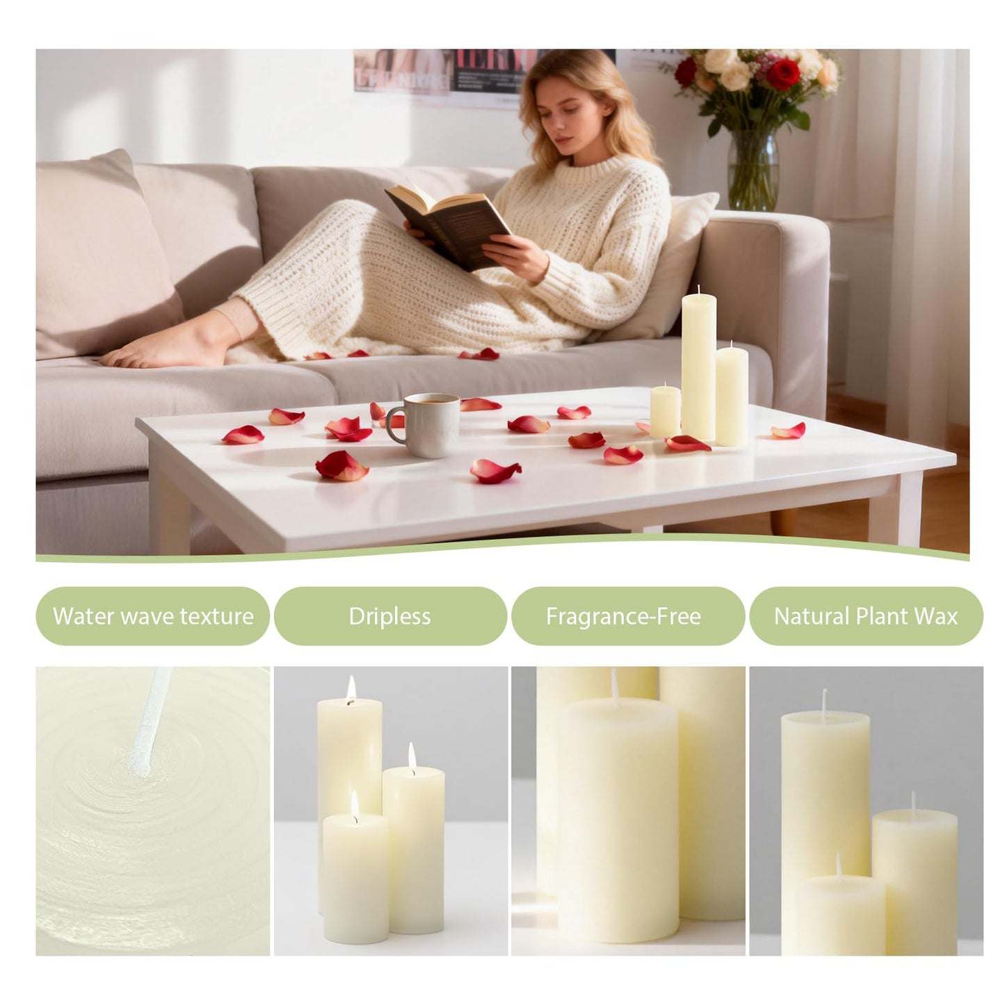 Veiuwa 6 Pack Ivory Pillar Candles Bulk Set, 2x3 2x6 2x8 Inch - 2 Each Size, Dripless Smokeless Clean Burning for Wedding Centerpieces, Home Decor, Church, Romantic Ambiance！