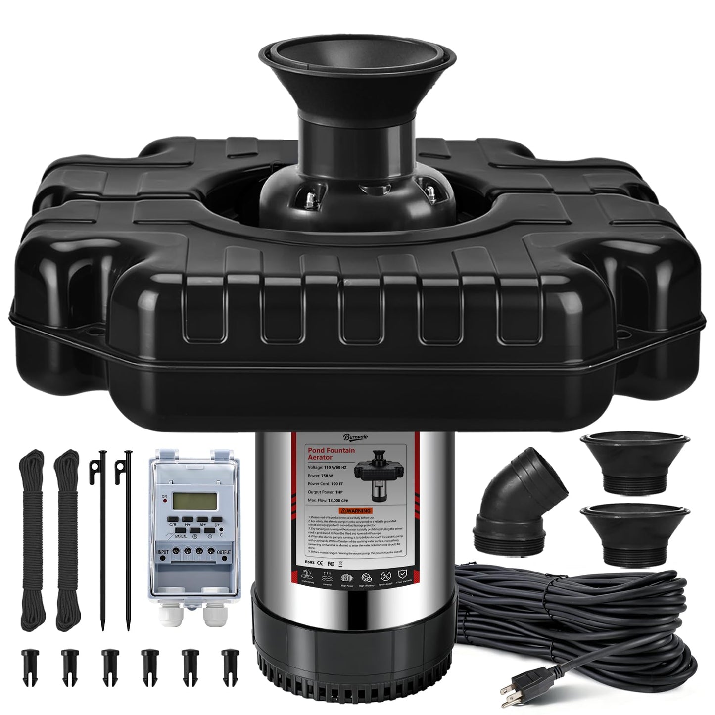 Burnvale Pond Fountain Aerator, 1HP 110V 750W Floating Pond Fountain, With 100 FT Power Cord，Waterproof Timer，2x100 FT Traction Rope，Floating Water Fountains for Ponds