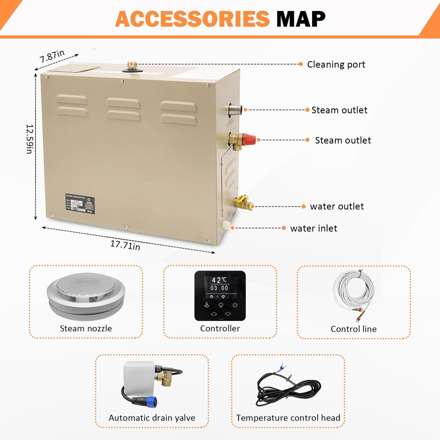 TONGTONGFA,Steam shower generator,9kw Household-Commercial,Steam shower generator kit, with self-draining system,Temperature adjustable 95-131°F,Applicable space 315～350ft3(9KW)