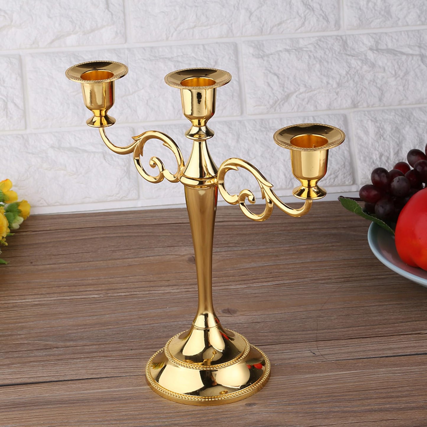 Dioche 3 Arm CandMetal Candelabra for Weddings & Home Decor | Sturdy Design, Silver Finish | Perfect Loved Ones (Gold)
