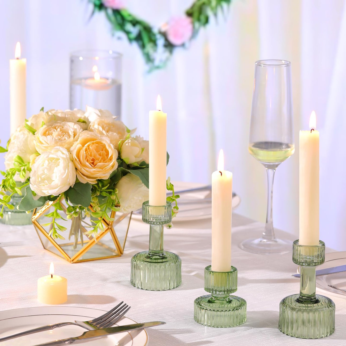 Lanttu Green Glass Taper Candle Holders Set of 6 Candlestick Holders Bulk Combination Candle Holders Crystal Candle Holders for Wedding, Table Centerpiece, Home Decoration