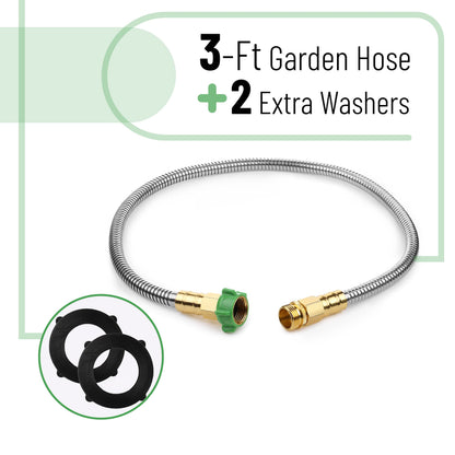 UNCO 3 Feet Heavy Duty Stainless Steel Short Garden Hose, Metal, Water Hose, Non Kink, Durable, Flexible, Lightweight