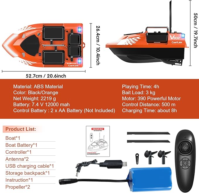 RC Bait Boat with Line Drop for Adult Cruise Control 4 Bait Slot 6.6LBS Loading 12000mAh Battery and Dual Motors 1640FT Range Remote Control Fish with LED Light Hook Release &amp Backpack(Orange