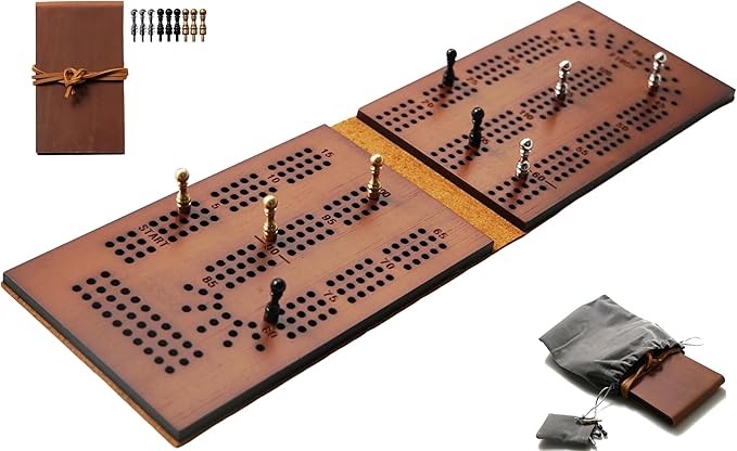 Jeereal Travel Cribbage Board Game Leather &amp Solid Bambo-Wood Pocket Sized Tiny Card Game Board (Bamboo|3 Tracks)