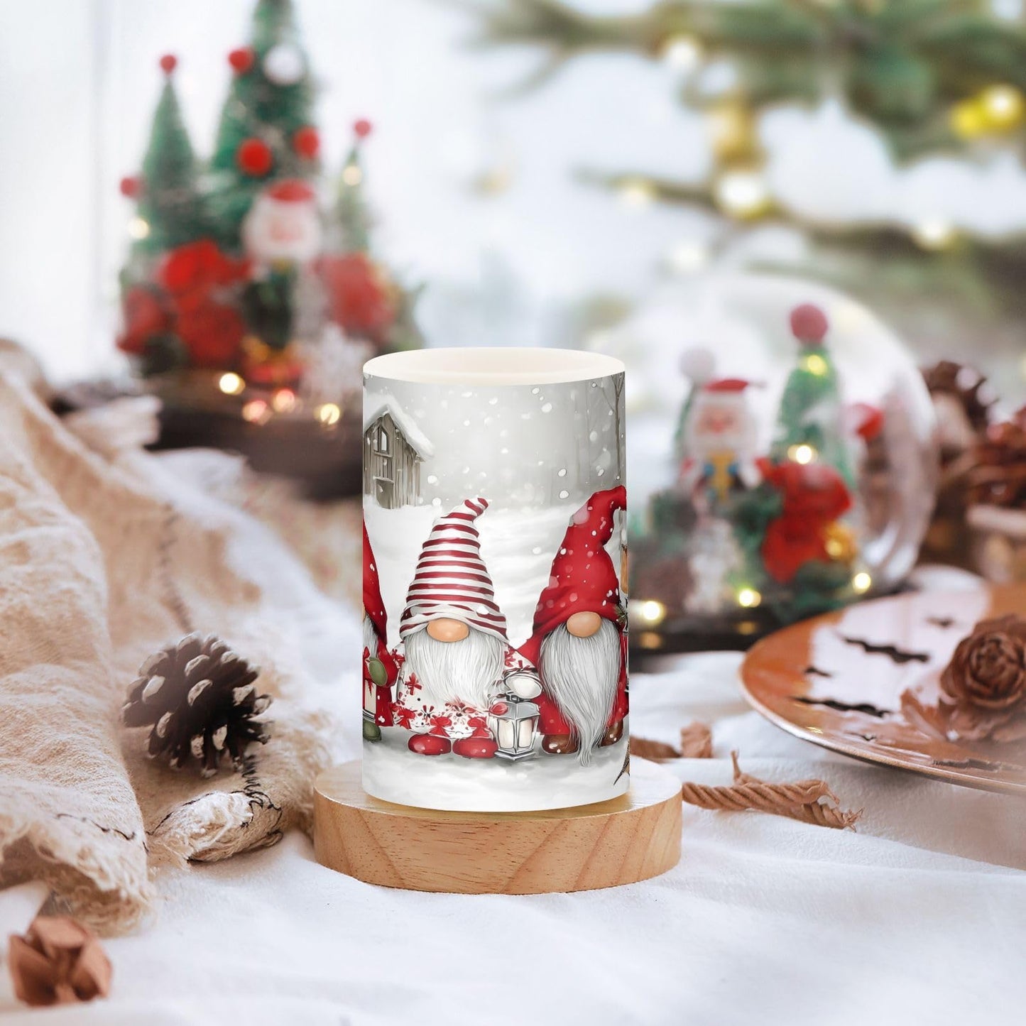 ALAZA Rred Gnomes White Snowflake Winter Flameless Candles Flickering LED Candles with Remote Timer Battery Operated Pillar Candles Set of 2 for Dinner Holiday Decor
