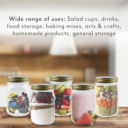 Cornucopia Brands 16oz Clear Plastic Mason Jars (8-Pack, Gold Metal Lids); PET BPA-Free Mason Style w/One Piece Lids, 2-Cup/Pint Capacity