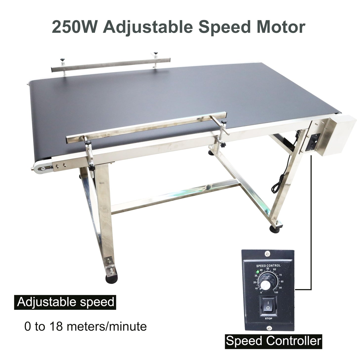 BREVELTION PVC Flat Belt Conveyor Stainless Steel Industrial Transport Conveyor Adjustable Speed Conveyor with Double Guardrails Conveyor Length 59inch Width 27.5inch Load 55LBS 250W